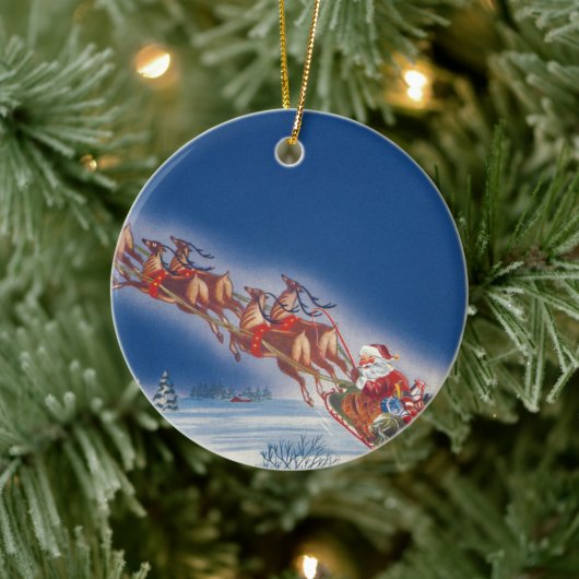 サンタ飛んでいるスレイwトナカイ セラミックオーナメント (ツリー)