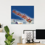 サンタ飛んでいるスレイwトナカイ ポスター (ホームオフィス)