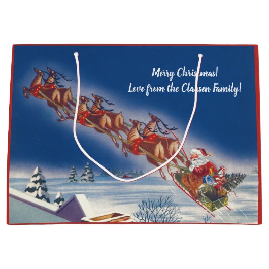 サンタ飛んでいるスレイwトナカイ ラージペーパーバッグ (正面)