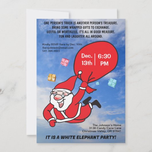 サンタ飛んでいるブルースカイホワイトエレファントパーティー 招待状 (正面)