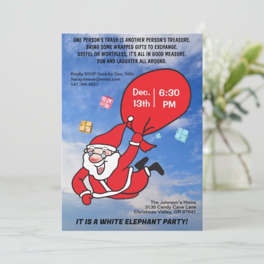 サンタ飛んでいるブルースカイホワイトエレファントパーティー 招待状 (スタンド正面)