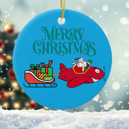 サンタ飛んでいるー飛行機、そり、ハート写真、クリスマス セラミックオーナメント