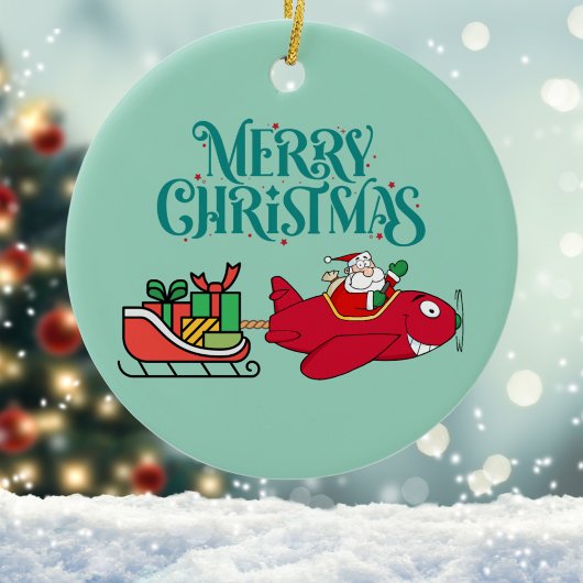 サンタ飛んでいるー飛行機、そり&プレゼント、クリスマス セラミックオーナメント
