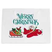 サンタ飛んでいるー飛行機、そり&プレゼント、クリスマス ラージペーパーバッグ (正面)