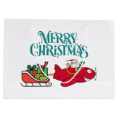 サンタ飛んでいるー飛行機、そり&プレゼント、クリスマス ラージペーパーバッグ (裏面)