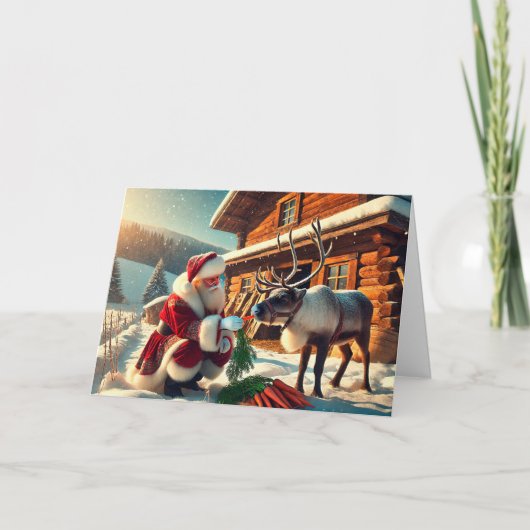 サンタ食べ物を与えトナカイのクリスマスカード シーズンカード (正面)