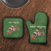 サンタ駆動フェスティバルクリスマストレインダークグリーン 鍋つかみ&鍋敷きセット