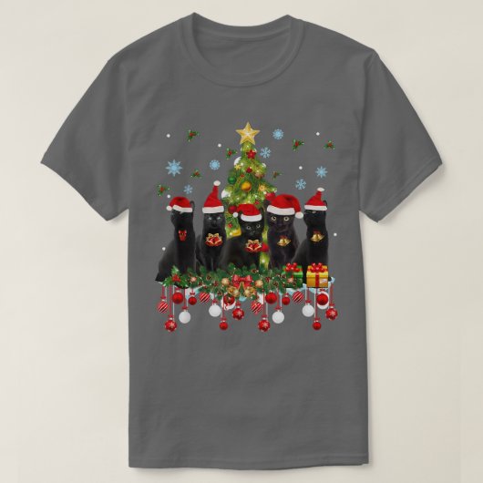サンタ黒猫クリスマスツリーおもしろいライトネコL Tシャツ (デザイン正面)
