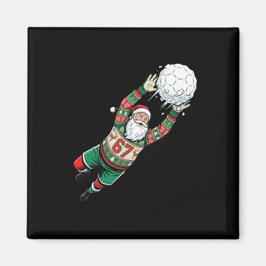 サンタ67サッカーゴールキーパーおもしろクリスマスセーター マグネット (正面)