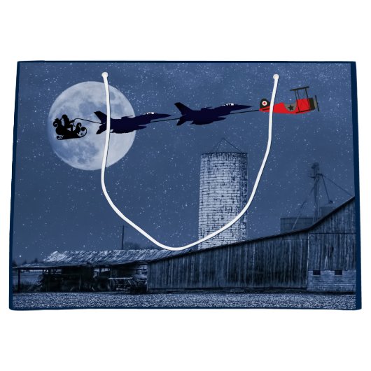 サンタ、そり、F-16ジェット機と赤い二面式クリスマス ラージペーパーバッグ (正面)