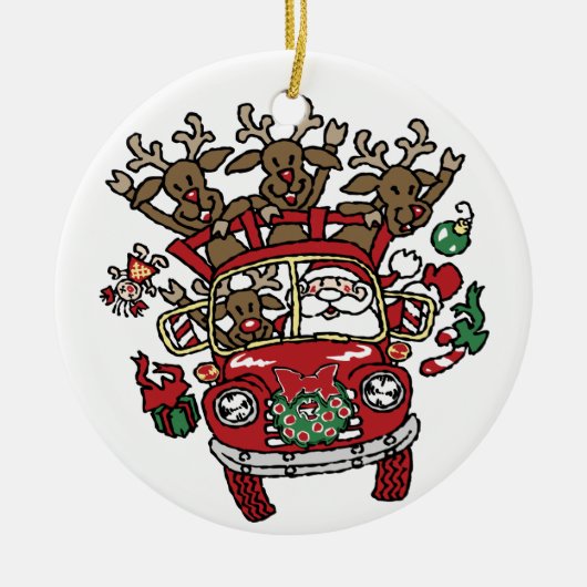 サンタ・ウッディと彼のトナカイのクリスマスアニメ セラミックオーナメント (正面)