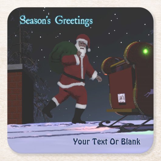 サンタ・オン・ザ・ルーフ – 季節の挨拶 スクエアペーパーコースター (正面)