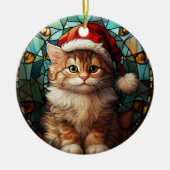 サンタ・キャップのステンドグラスでクリスマスを迎えるかわいい猫 セラミックオーナメント (正面)