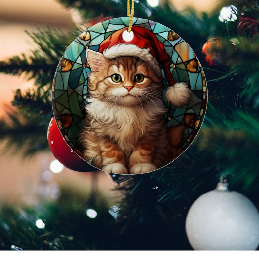 サンタ・キャップのステンドグラスでクリスマスを迎えるかわいい猫 セラミックオーナメント