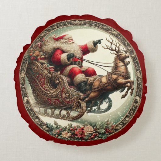サンタ・クラウスがそりとトナカイに乗る ラウンドクッション (正面)
