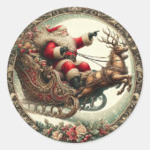 サンタ・クラウスがそりとトナカイに乗る ラウンドシール (正面)