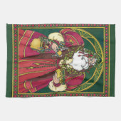 サンタ・クラウスとホリーのクリスマスヴィンテージ葉 キッチンタオル (横)