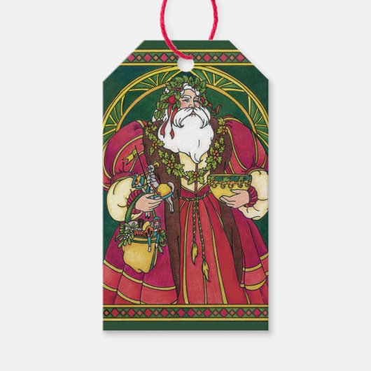 サンタ・クラウスとホリーのクリスマスヴィンテージ葉 ギフトタグ (正面)
