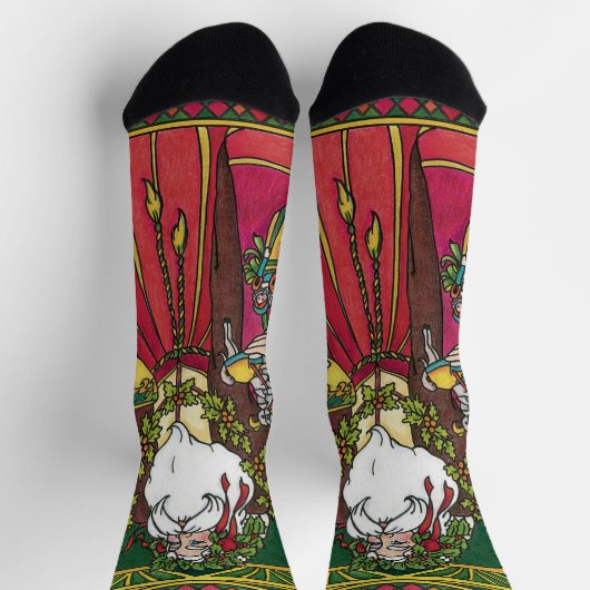 サンタ・クラウスとホリーのクリスマスヴィンテージ葉 ソックス (上部)