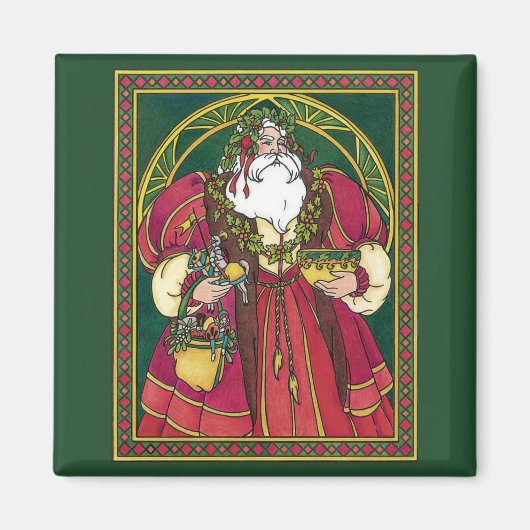 サンタ・クラウスとホリーのクリスマスヴィンテージ葉 マグネット (正面)