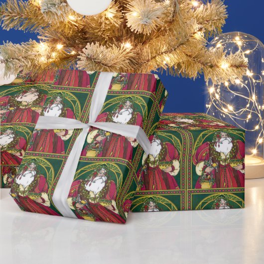 サンタ・クラウスとホリーのクリスマスヴィンテージ葉 ラッピングペーパー (クリスマス)