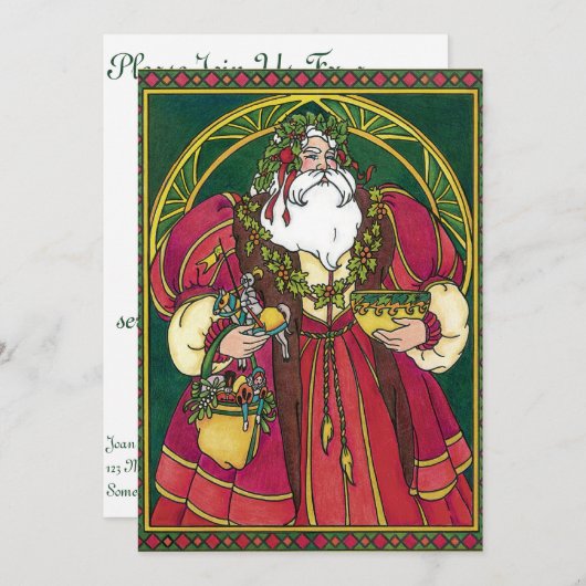 サンタ・クラウスとホリーのクリスマスヴィンテージ葉 招待状 (正面/裏面)