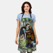 サンタ・クラウスのヴィンテージクリスマスのおもちゃつきストッキング エプロン (着用した状態)