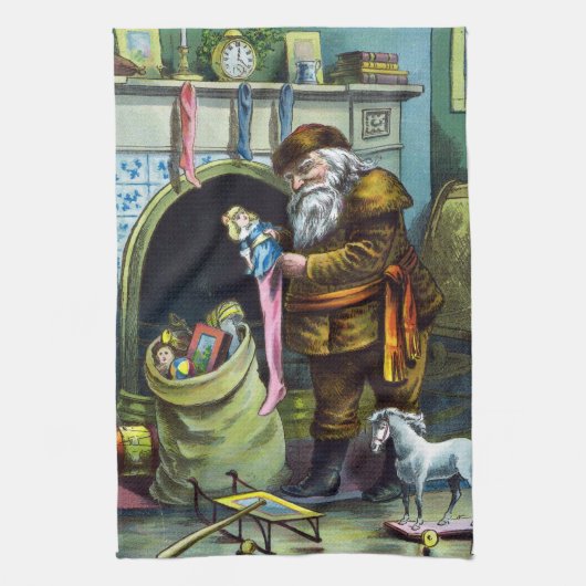 サンタ・クラウスのヴィンテージクリスマスのおもちゃつきストッキング キッチンタオル (縦)