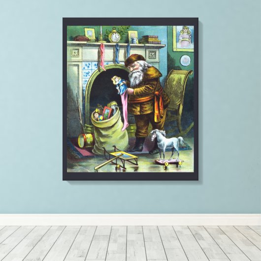 サンタ・クラウスのヴィンテージクリスマスのおもちゃつきストッキング キャンバスプリント (インサイチュ (ウッドフロア))