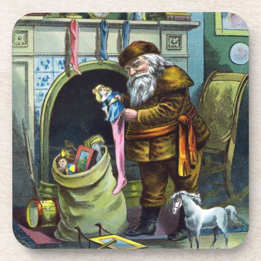 サンタ・クラウスのヴィンテージクリスマスのおもちゃつきストッキング コースター (正面)