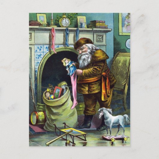 サンタ・クラウスのヴィンテージクリスマスのおもちゃつきストッキング シーズンポストカード (正面)