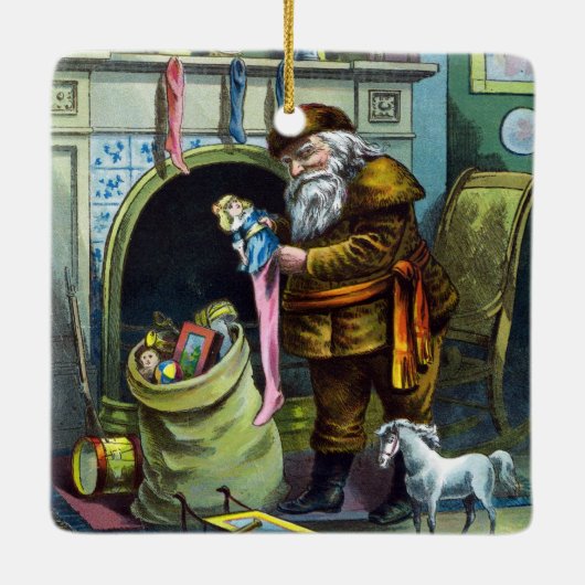 サンタ・クラウスのヴィンテージクリスマスのおもちゃつきストッキング セラミックオーナメント (裏面)