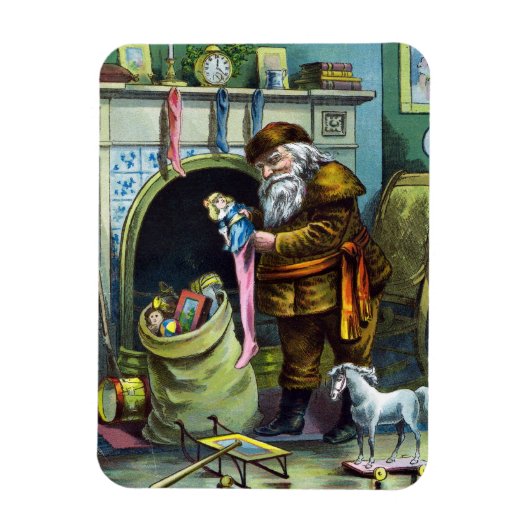 サンタ・クラウスのヴィンテージクリスマスのおもちゃつきストッキング マグネット (縦)