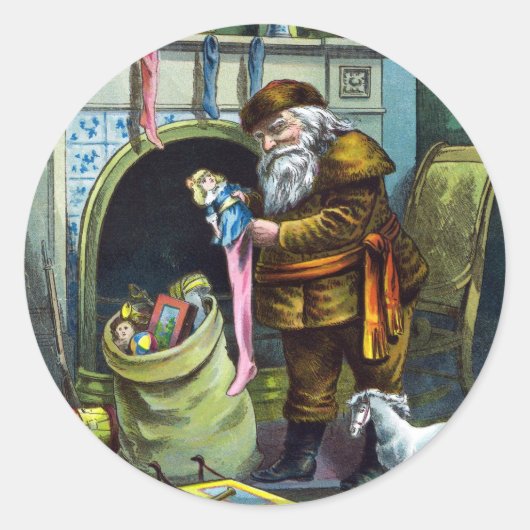 サンタ・クラウスのヴィンテージクリスマスのおもちゃつきストッキング ラウンドシール (正面)