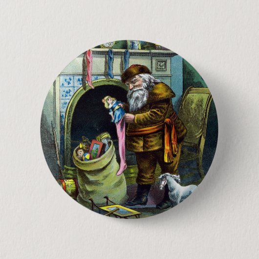 サンタ・クラウスのヴィンテージクリスマスのおもちゃつきストッキング 缶バッジ (正面)