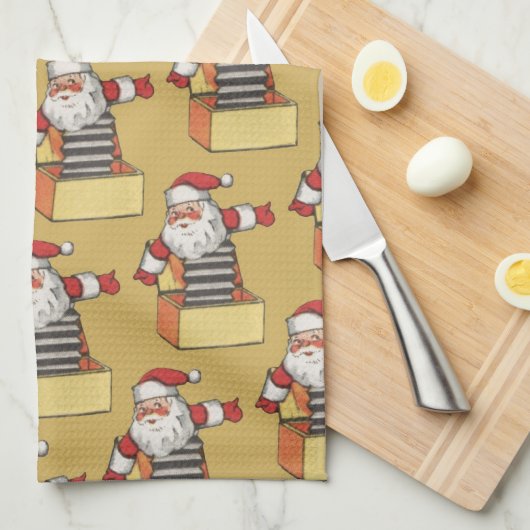 サンタ・クラウスの箱のジャックとしてのヴィンテージクリスマス キッチンタオル (四つ折り)