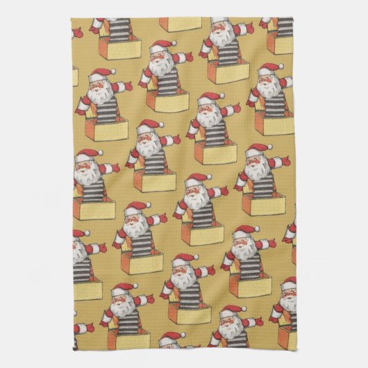 サンタ・クラウスの箱のジャックとしてのヴィンテージクリスマス キッチンタオル (縦)