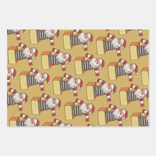 サンタ・クラウスの箱のジャックとしてのヴィンテージクリスマス ラッピングペーパーシート (正面3)