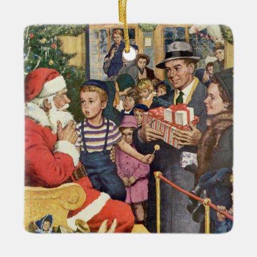 サンタ・クラウス・ラップの男の子、ヴィンテージ・クリスマス・ウィッシュ セラミックオーナメント (正面)