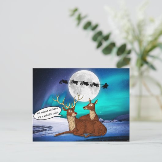 サンタ・クリスマスがトナカイの予測できな自転車おもしろい乗り ポストカード (スタンド正面)