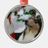 サンタ・クリスマスとトライカラー滑らかなコリー メタルオーナメント (正面)