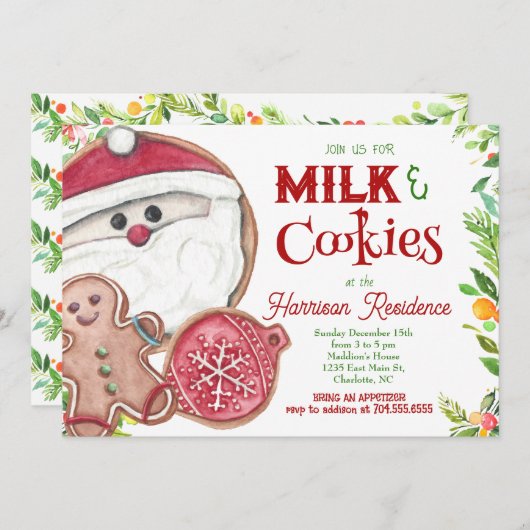 サンタ・クリスマスとミルクとクッキーのパーティー招待状 招待状 (正面/裏面)