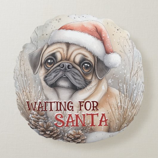 サンタ・クリスマスウォーターの色を待っているパグ犬 ラウンドクッション (正面)