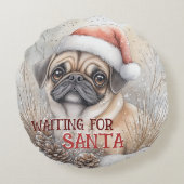 サンタ・クリスマスウォーターの色を待っているパグ犬 ラウンドクッション (裏面)