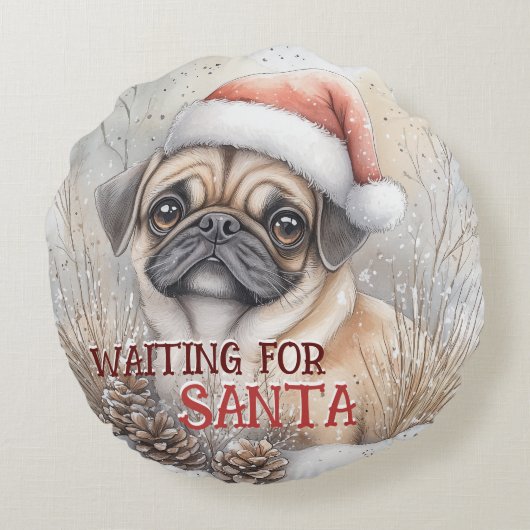 サンタ・クリスマスウォーターの色を待っているパグ犬 ラウンドクッション (裏面)