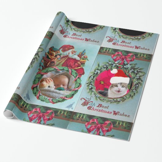 サンタ、クリスマスクラウン、レッドリボン写真テンプレート ラッピングペーパー (アンロールド)