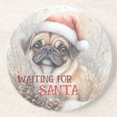 サンタ・クリスマスドッグの水彩待ちパグ コースター (正面)
