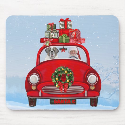 サンタ・クロースと車に乗ったサンバーナード・ドッグ マウスパッド (正面)