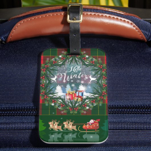 サンタ・クロースはトナカイが率いる木馬に乗っている ラゲッジタグ (正面インサイチュ2)