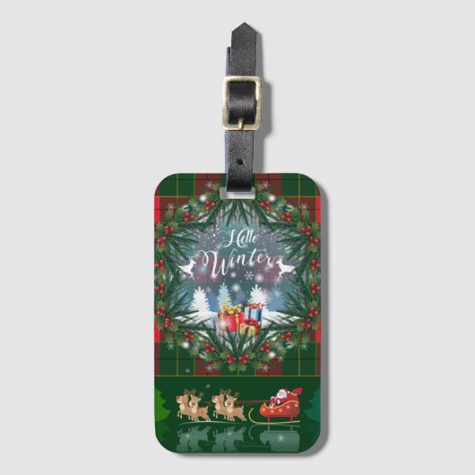 サンタ・クロースはトナカイが率いる木馬に乗っている ラゲッジタグ (正面縦)